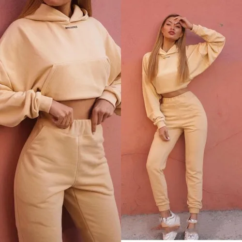 Autumn Winter White Long Sleeve Crop Sweatshirt Top And Long Pants