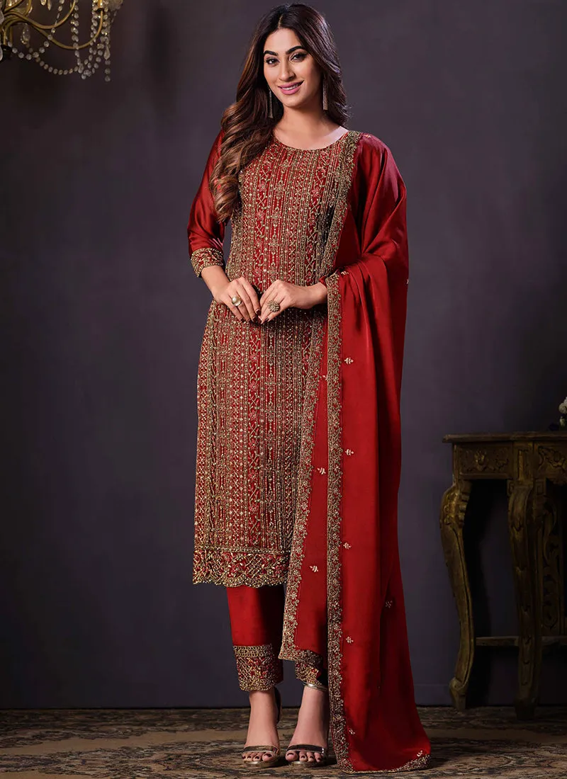 Bridal Red Sequence Embroidery Pant Style Suit