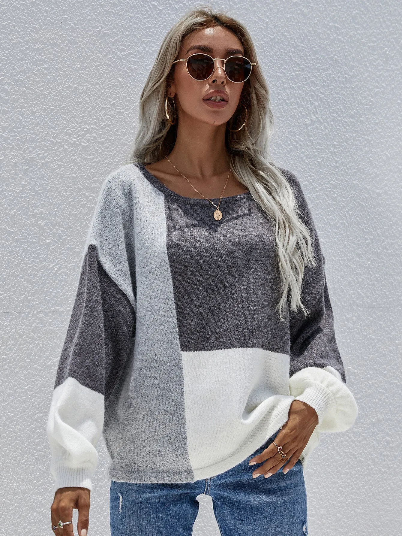 Crew Neck Pullover Back Strap Splicing Sweater