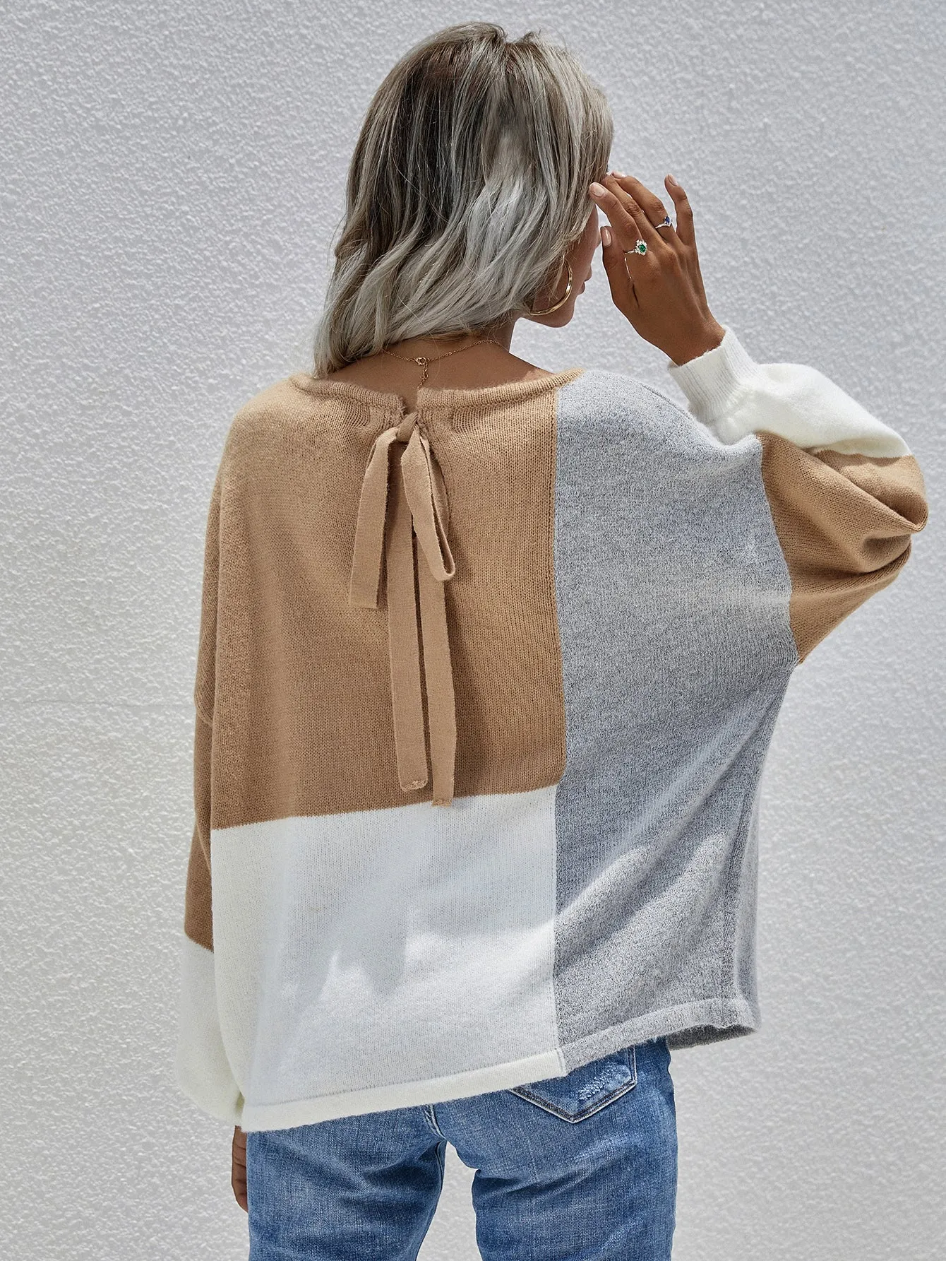 Crew Neck Pullover Back Strap Splicing Sweater