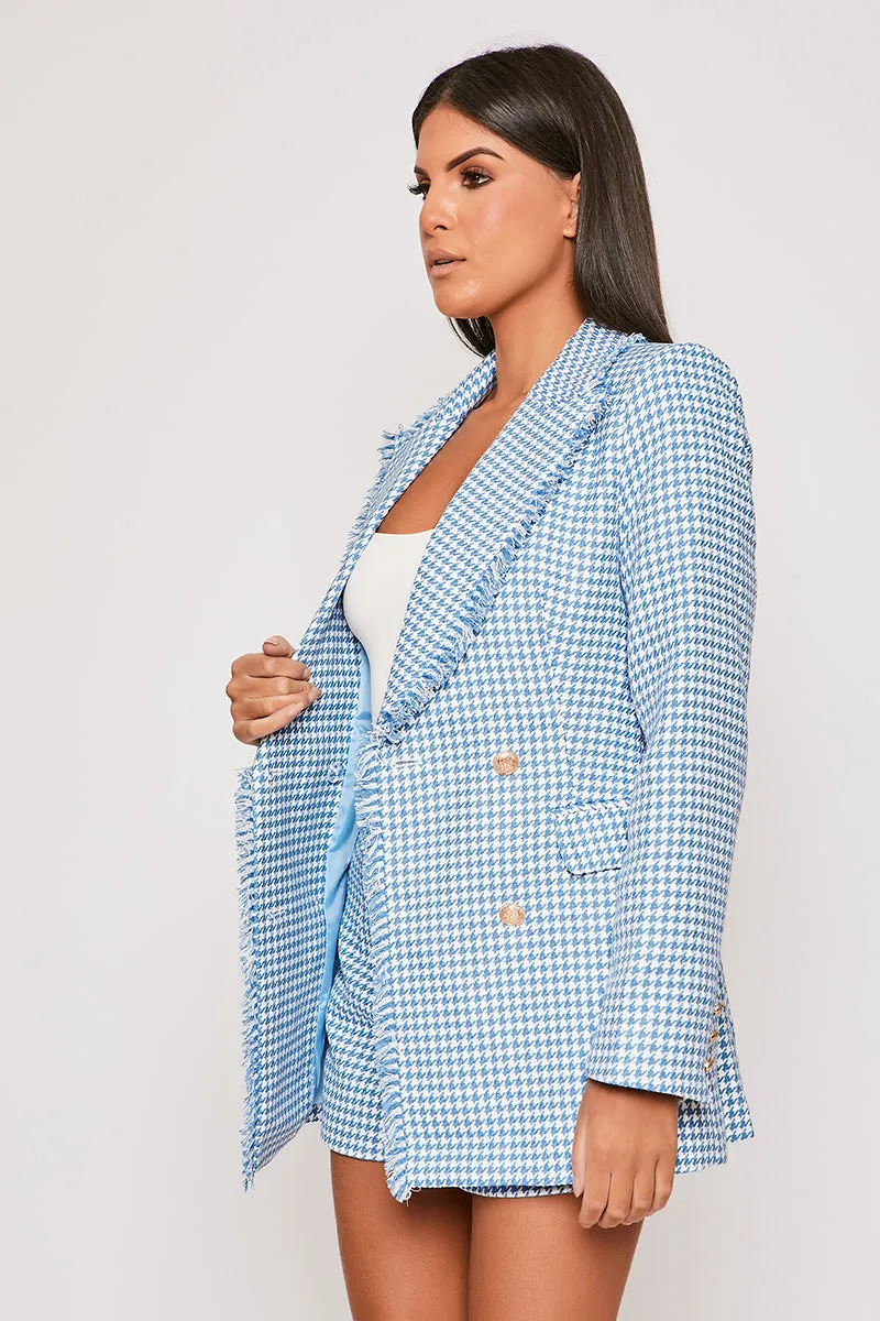 Emmalyn - Premium Blue Houndstooth Gold Button Blazer & Short Set