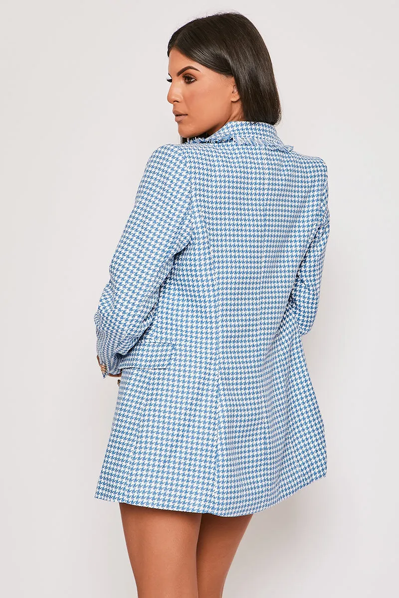 Emmalyn - Premium Blue Houndstooth Gold Button Blazer & Short Set