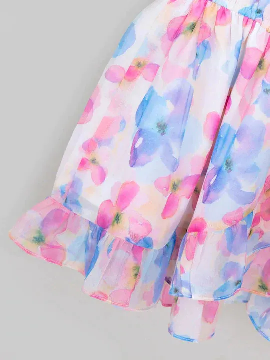 Girls White Pink Floral Georgette Dress