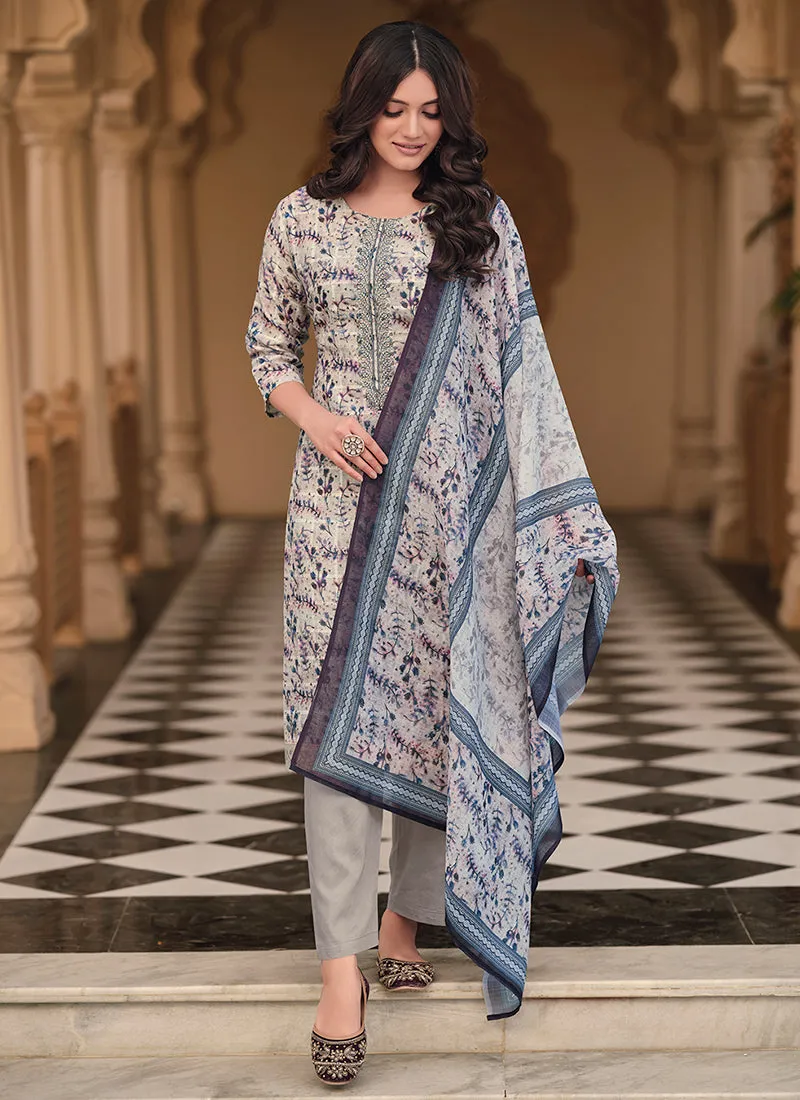 Grey Floral Handwork Embroidery Pakistani Pant Style Suit