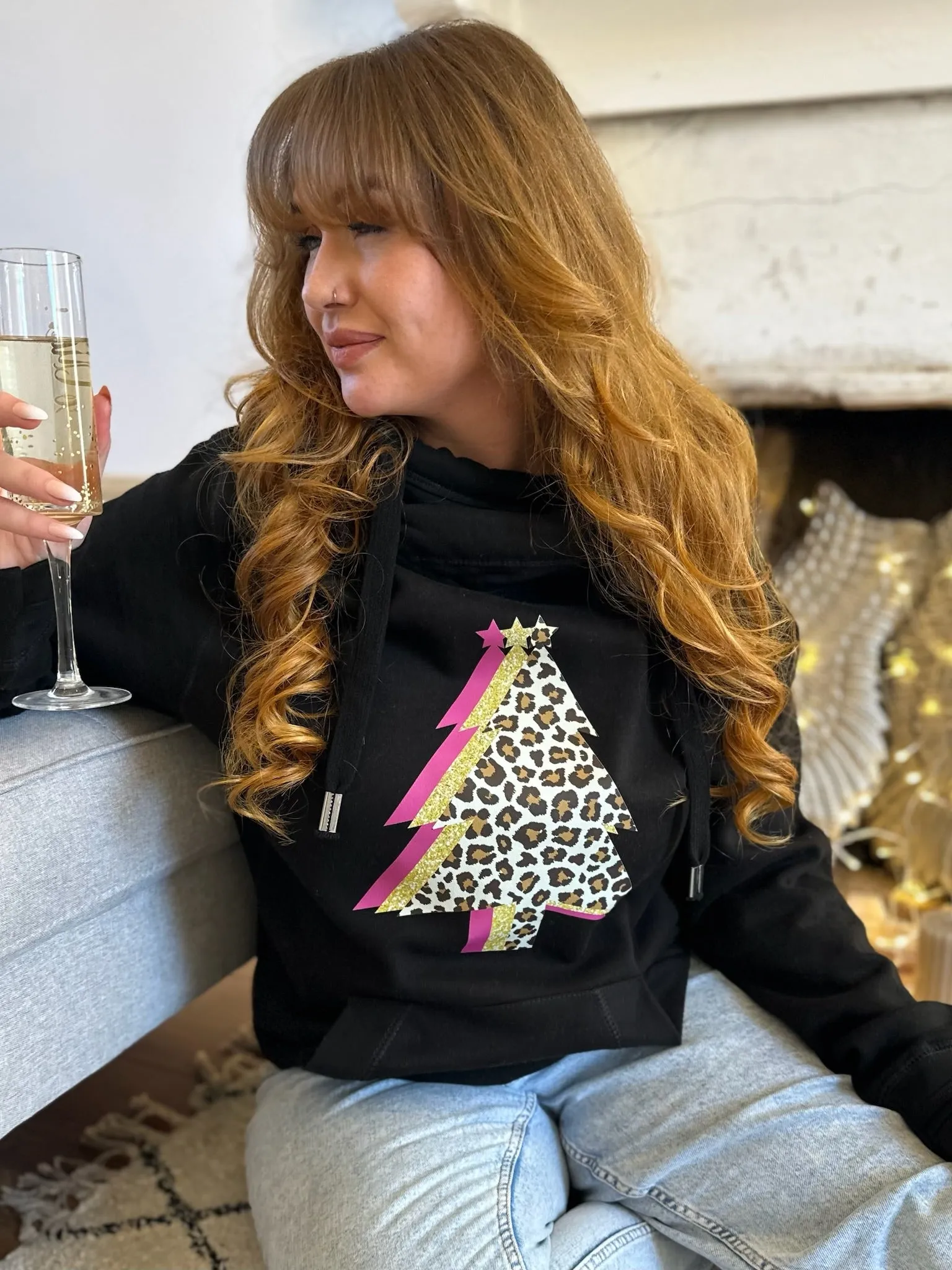 Leopard & Pink Christmas Tree Trio Luxe Hoodie - Black