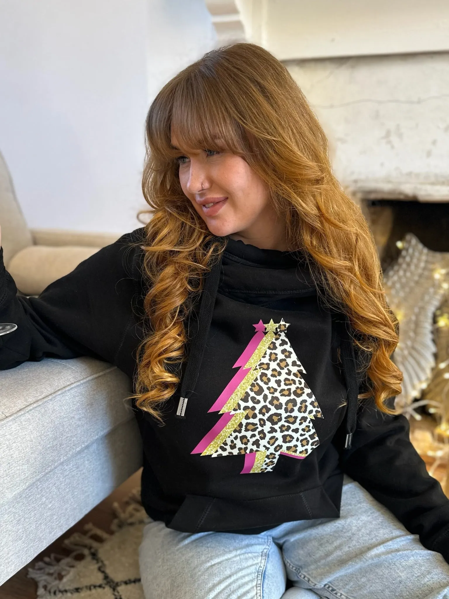 Leopard & Pink Christmas Tree Trio Luxe Hoodie - Black