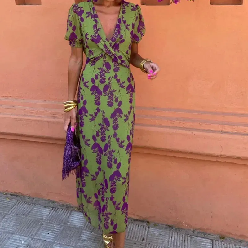 Party Fashion Chic Twist V-Neck Slim Office Commute Short Sleeve Street Floral Print Dress