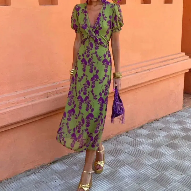 Party Fashion Chic Twist V-Neck Slim Office Commute Short Sleeve Street Floral Print Dress