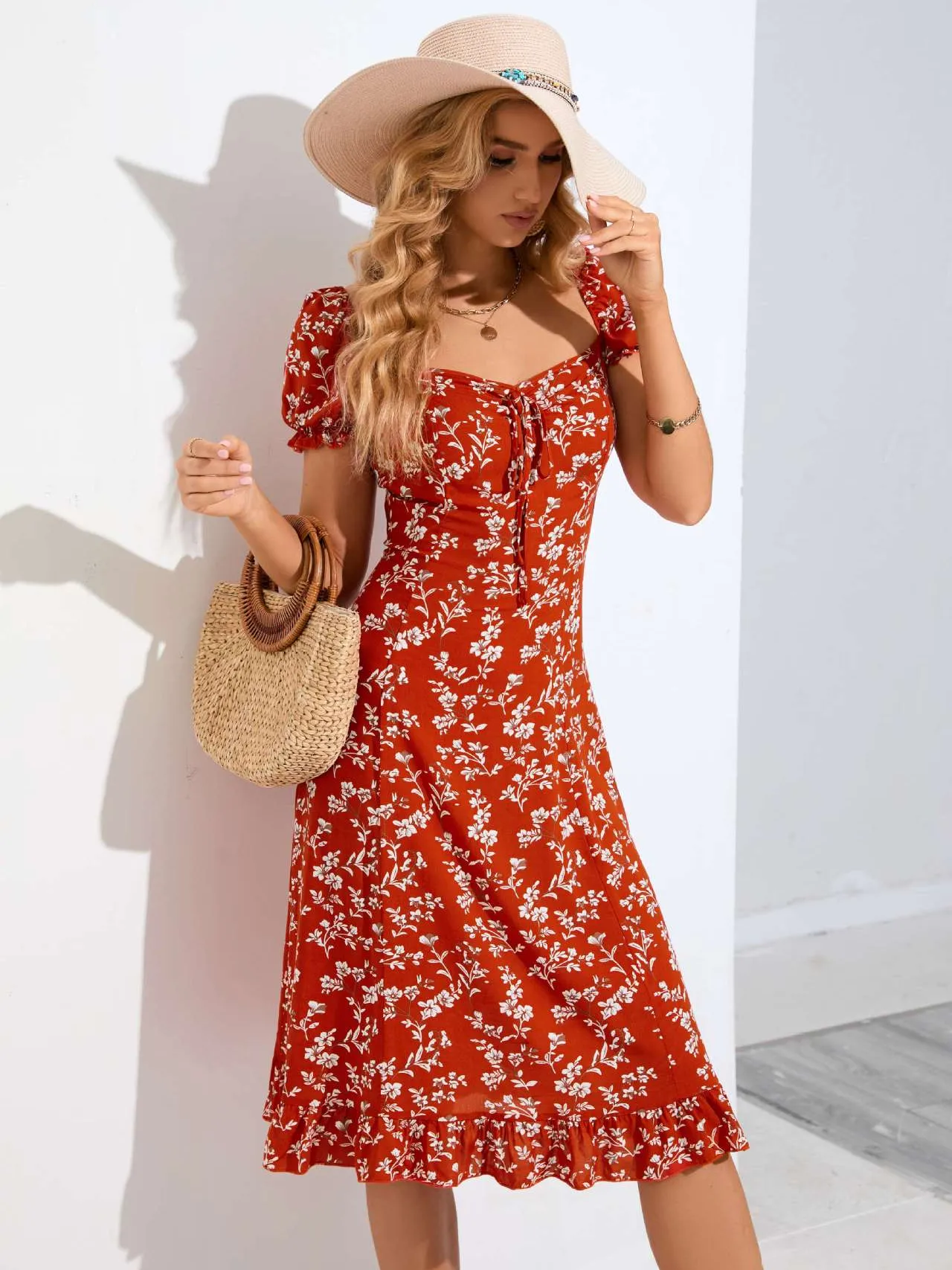 Red Puff Sleeves Heart-Shaped Neckline Print Dress
