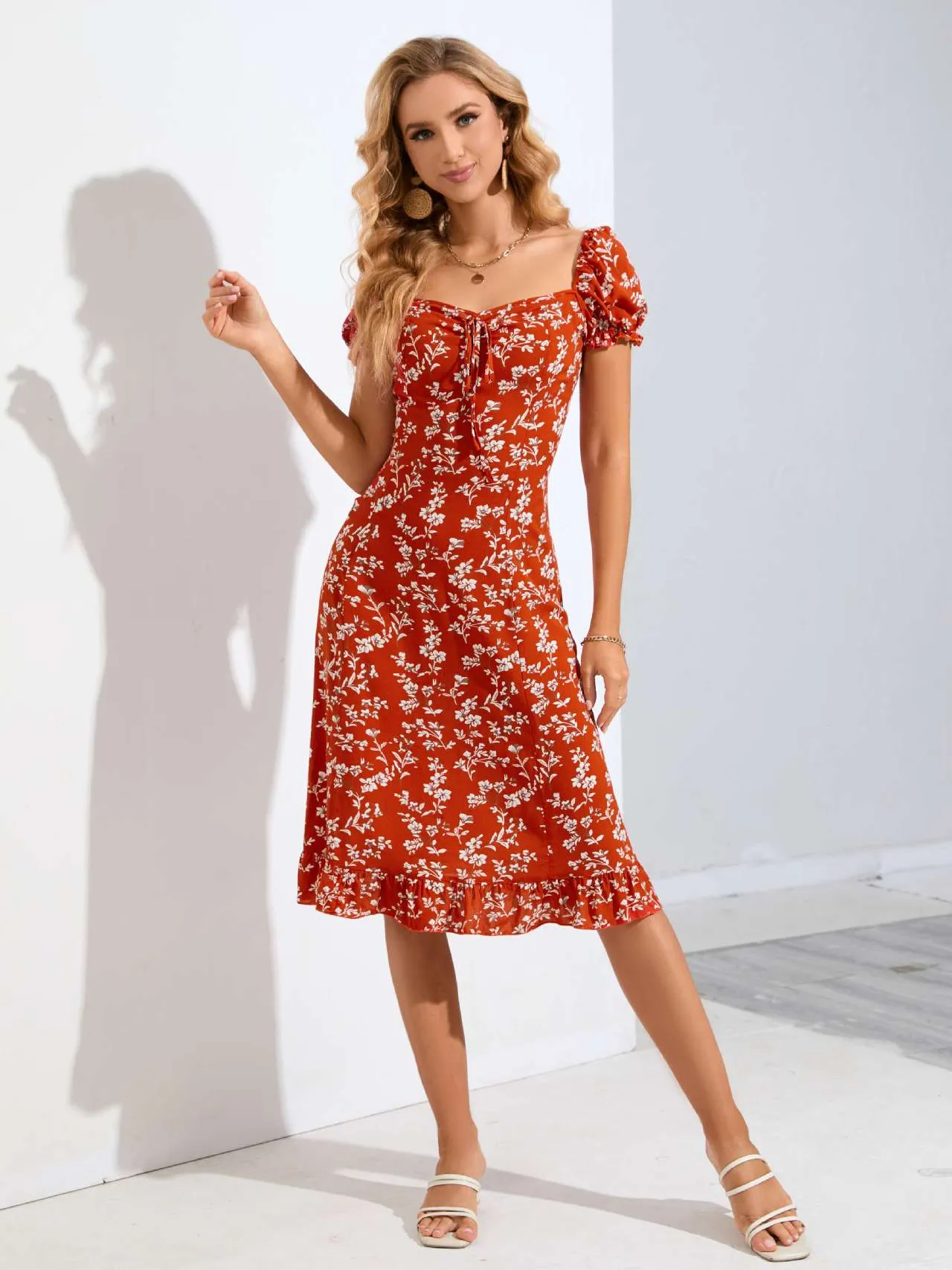 Red Puff Sleeves Heart-Shaped Neckline Print Dress