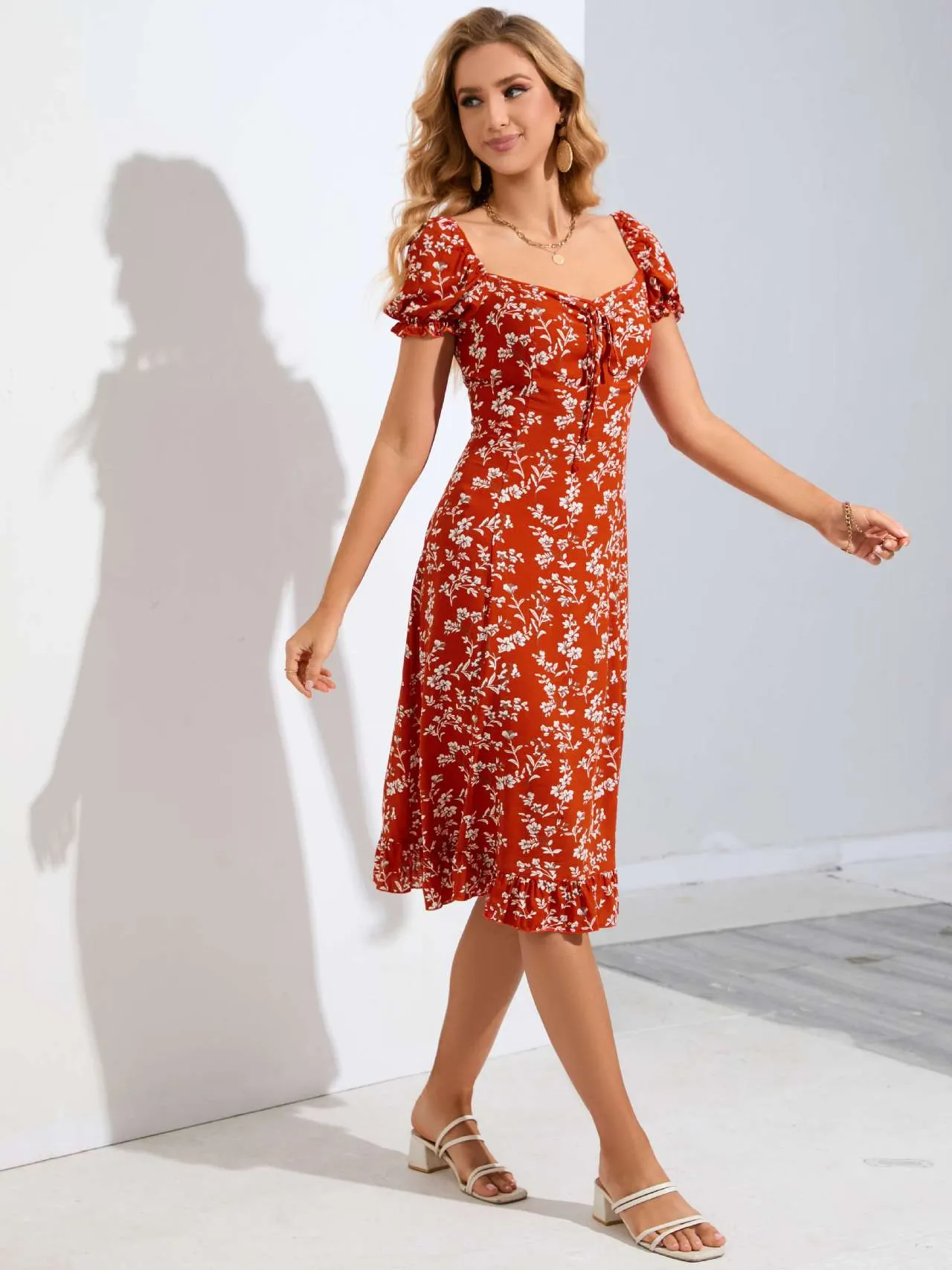Red Puff Sleeves Heart-Shaped Neckline Print Dress