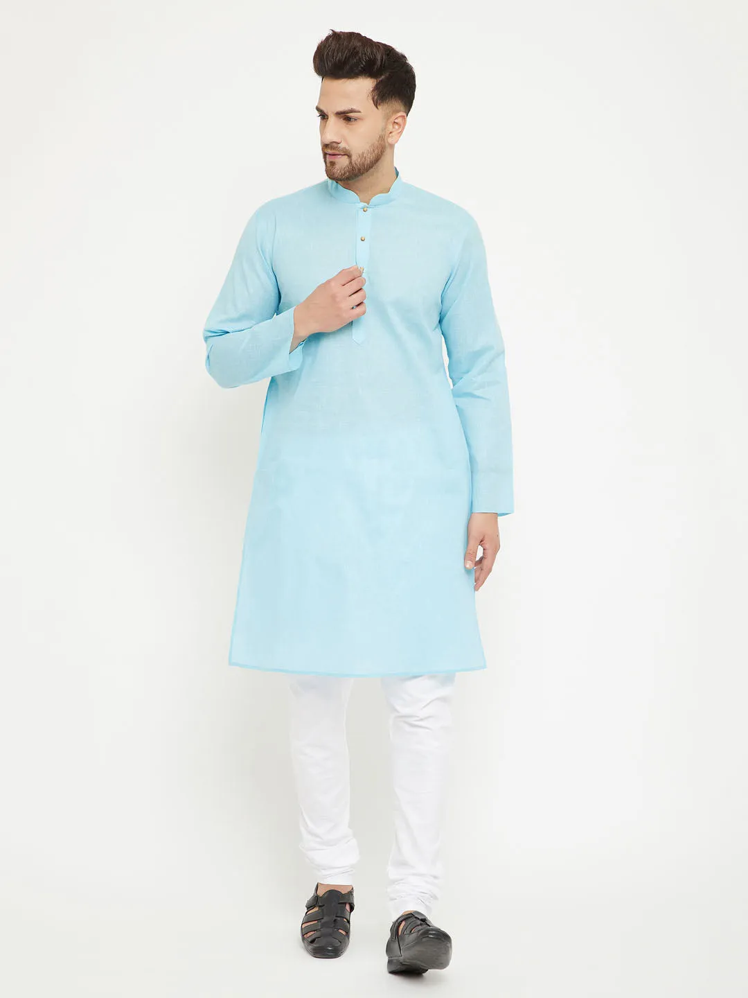 Vastramay Men's Aqua & White Kurta Pyjama