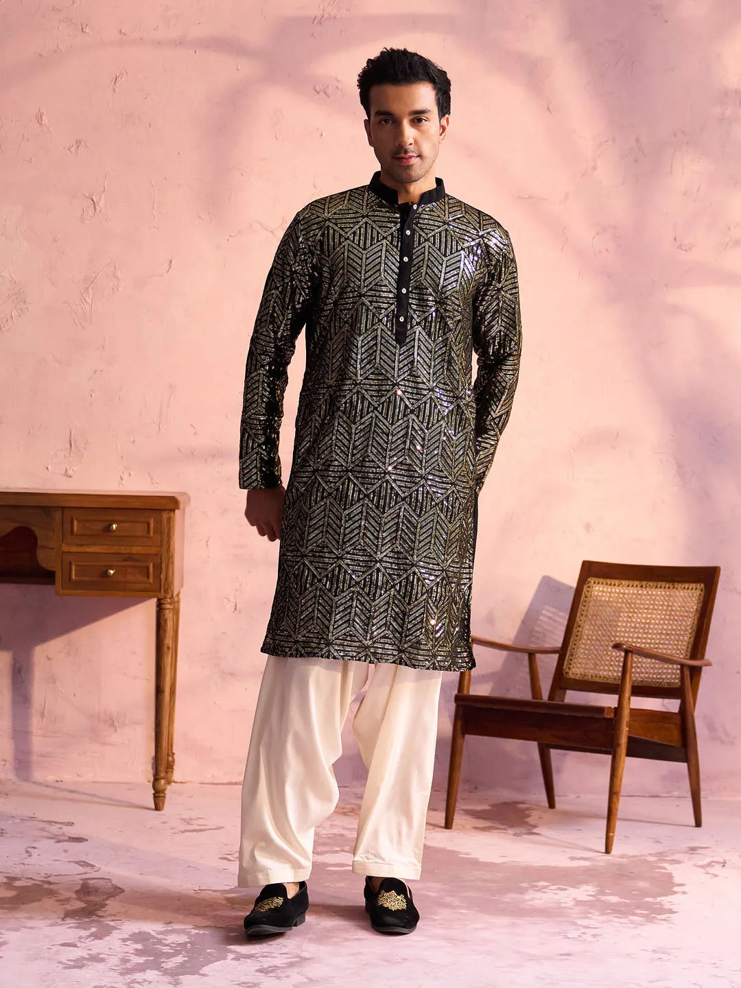 Vastramay Men's Black Georgette Kurta Set