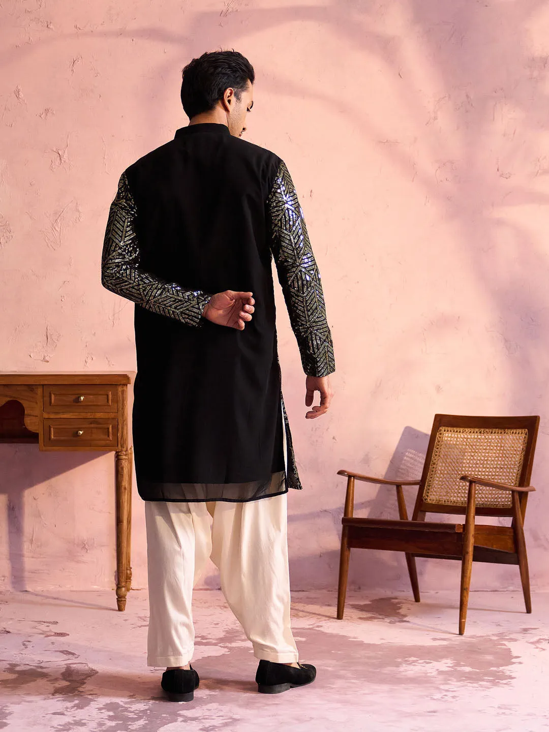 Vastramay Men's Black Georgette Kurta Set