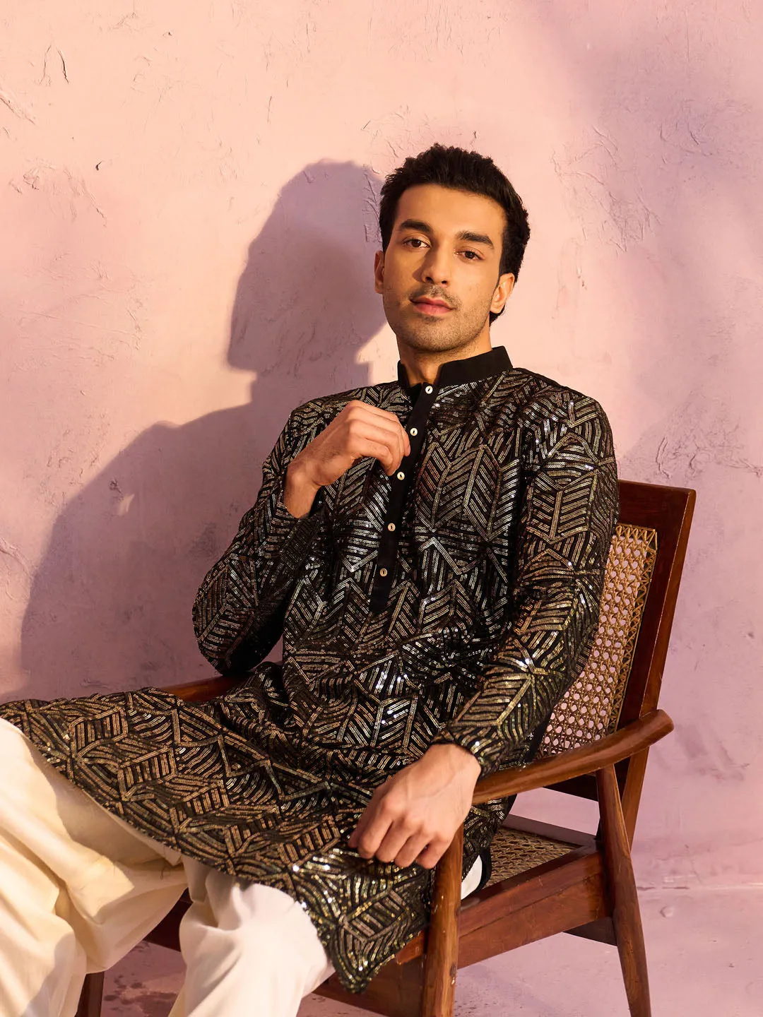 Vastramay Men's Black Georgette Kurta Set