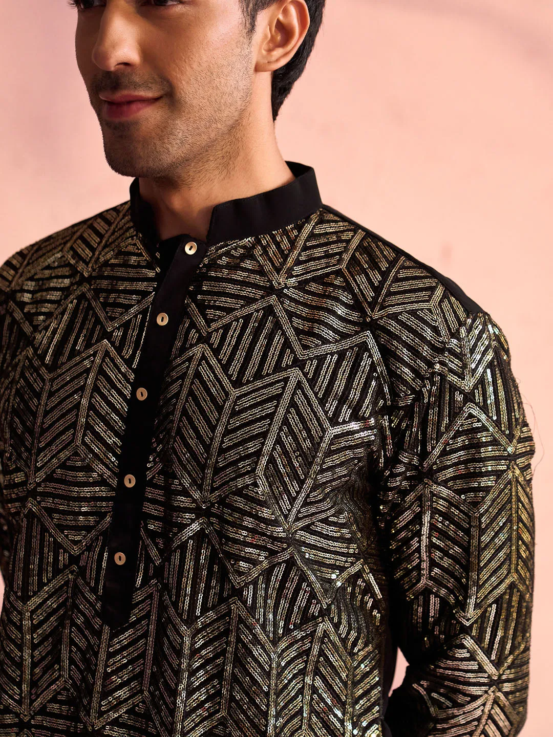 Vastramay Men's Black Georgette Kurta Set