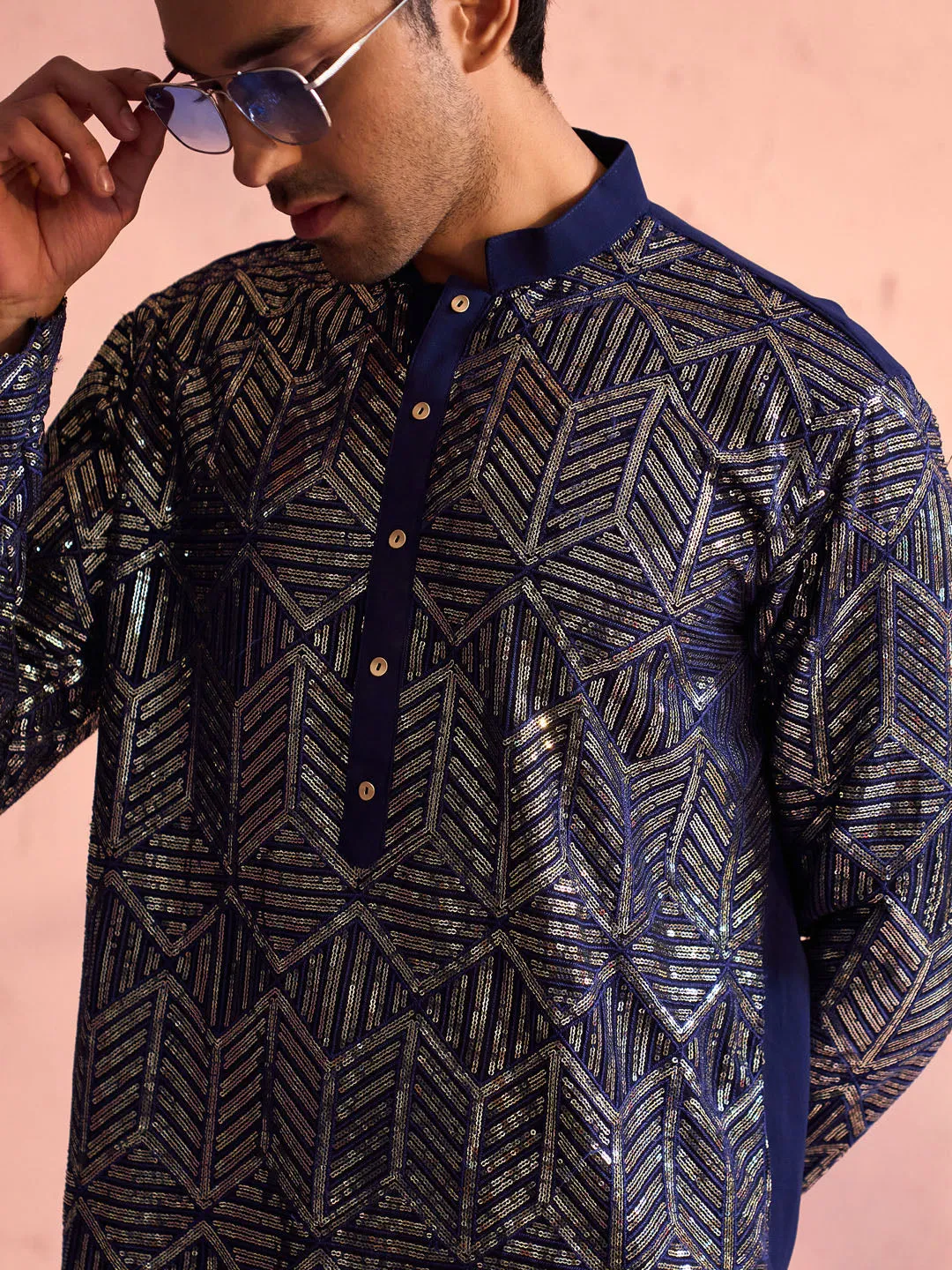 Vastramay Men's Navy Blue Georgette Kurta Set