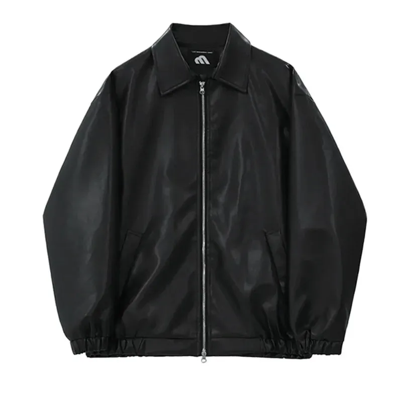 Wiaofellas  -  Male Turn Down Collar PU Leather Jackets High Street Solid Color Zipper Men's Clothing Coats Niche Design Spring