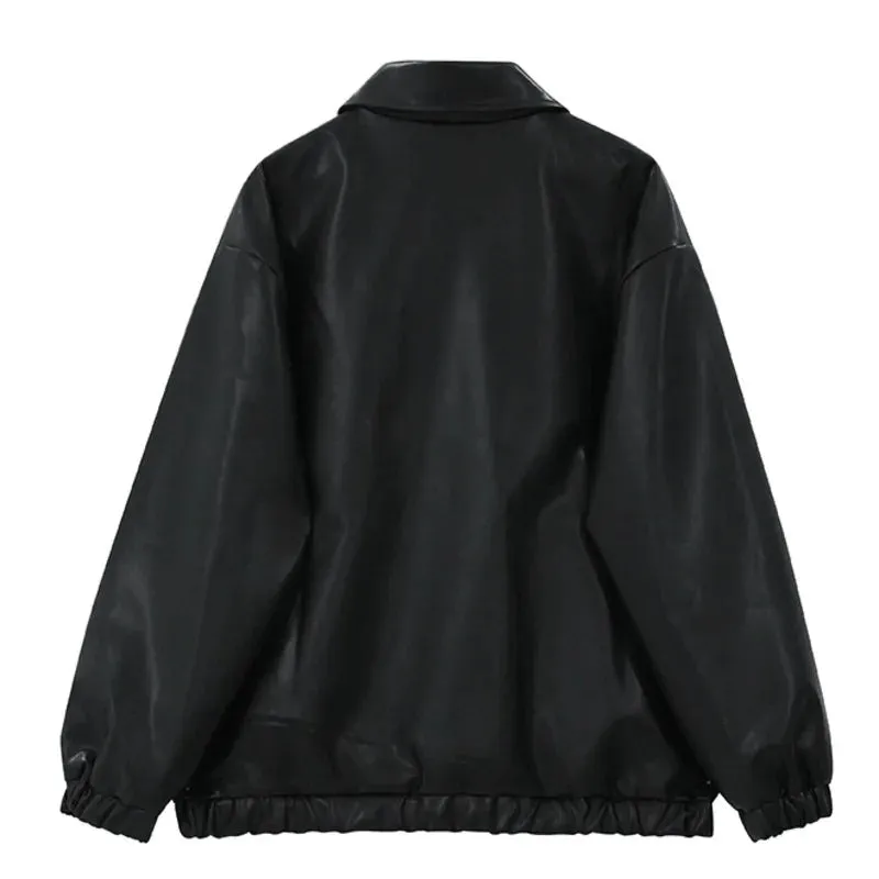 Wiaofellas  -  Male Turn Down Collar PU Leather Jackets High Street Solid Color Zipper Men's Clothing Coats Niche Design Spring